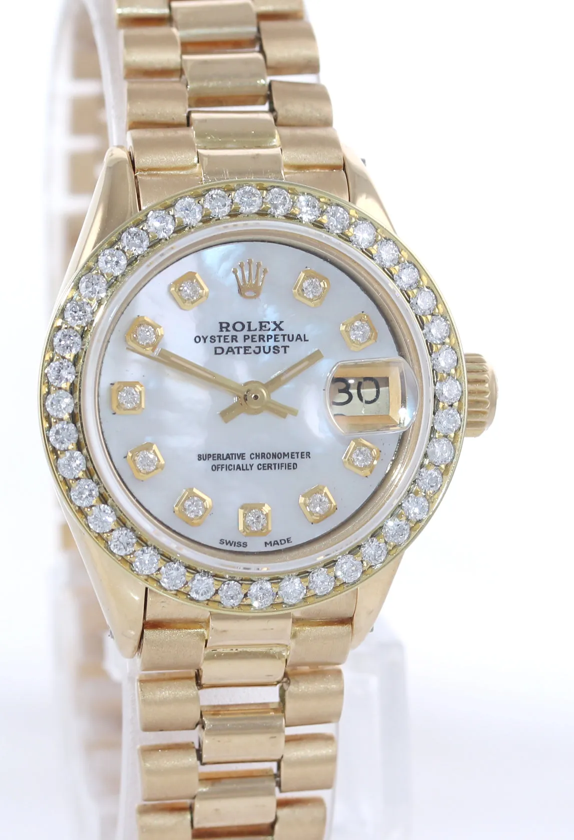 Diamond Bezel Ladies Rolex DateJust President 26mm MOP 6917 18k Gold Watch