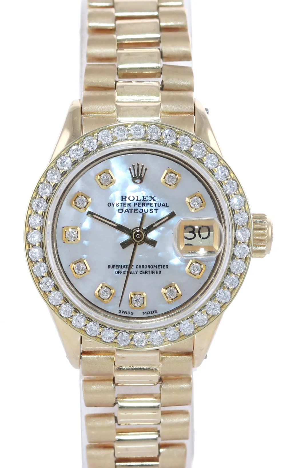 Diamond Bezel Ladies Rolex DateJust President 26mm MOP 6917 18k Gold Watch