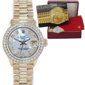 Diamond Bezel Ladies Rolex DateJust President 26mm MOP 6917 18k Gold Watch