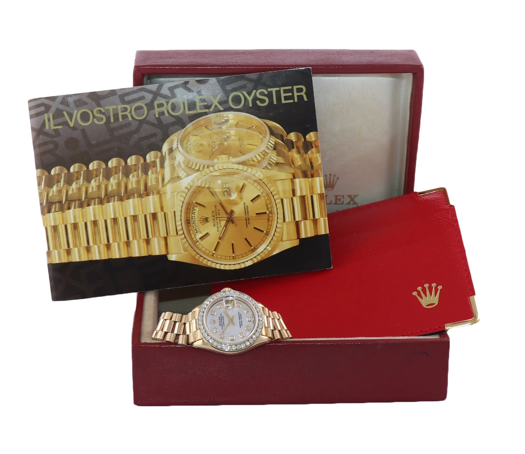 Diamond Bezel Ladies Rolex DateJust President 26mm MOP 6917 18k Gold Watch