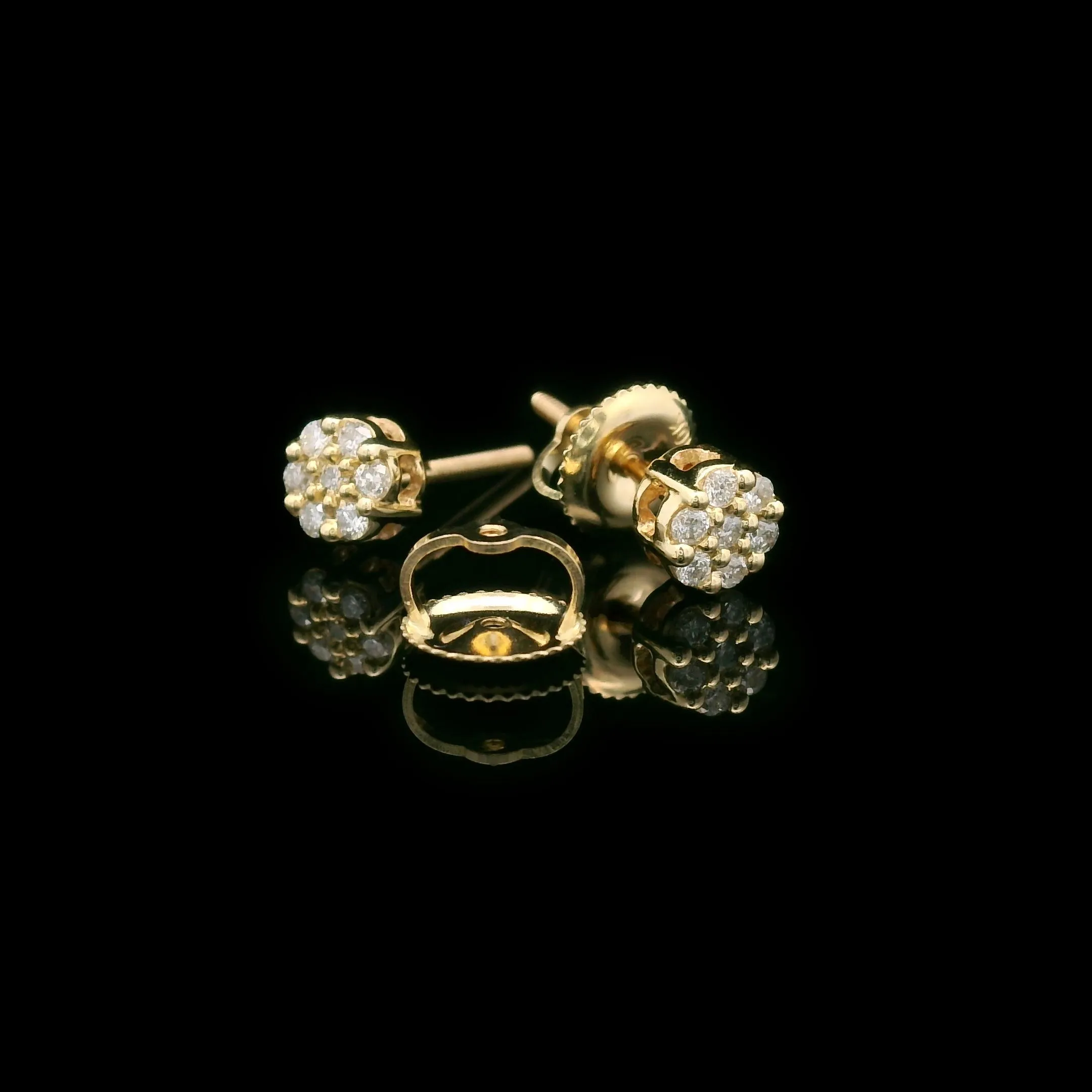 Diamond Flower Cluster Settings Screw Back Earrings 10k Yellow Gold 0.16ctw