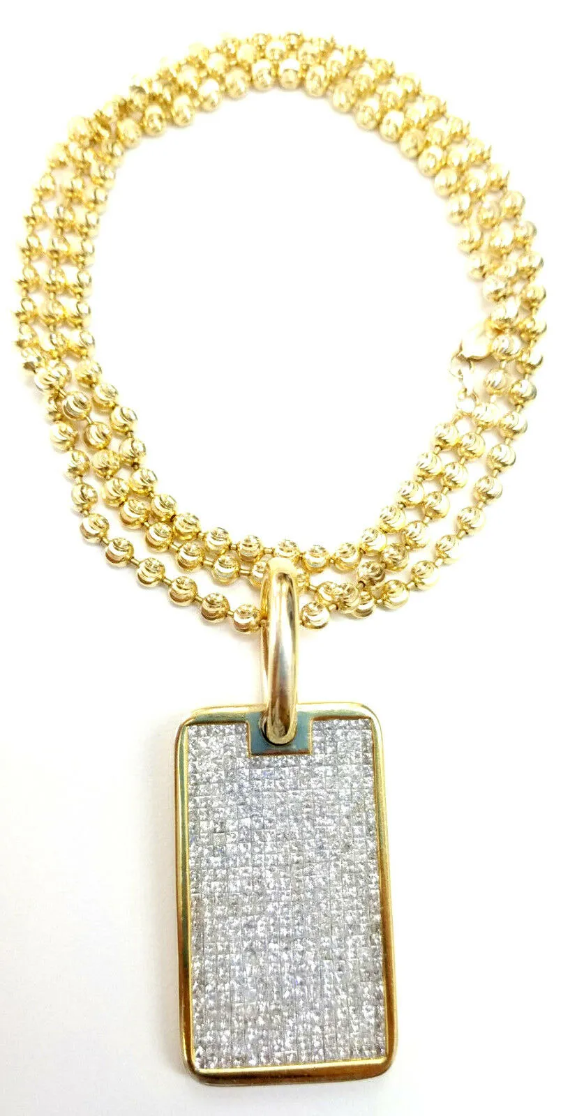 Diamond Gold Bar Necklace 14K Yellow Gold Princess Cut Tag Pendant 14.50 CTW