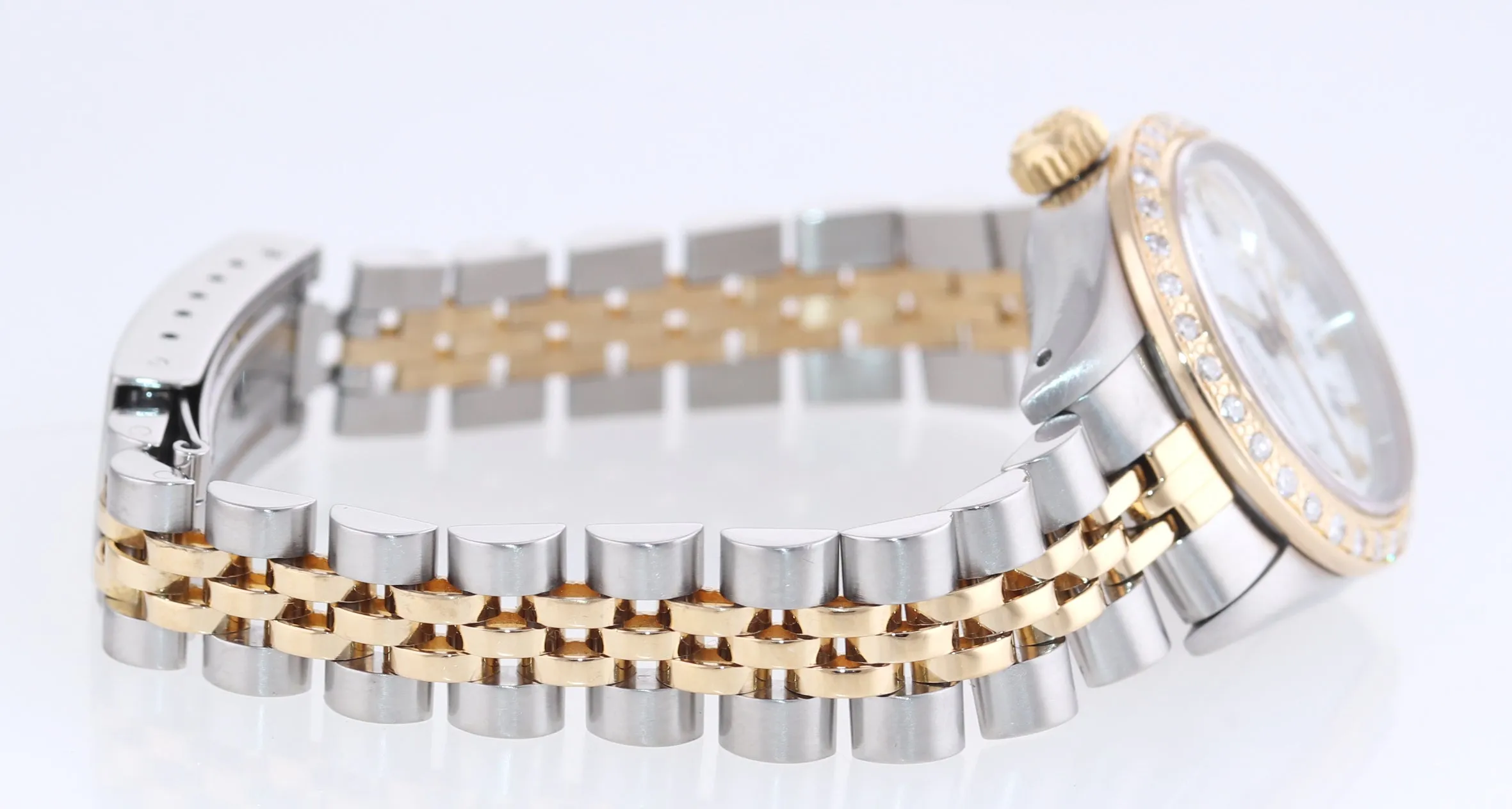 Diamond Ladies Rolex DateJust President MOP 6917 White Roman Yellow Gold Watch