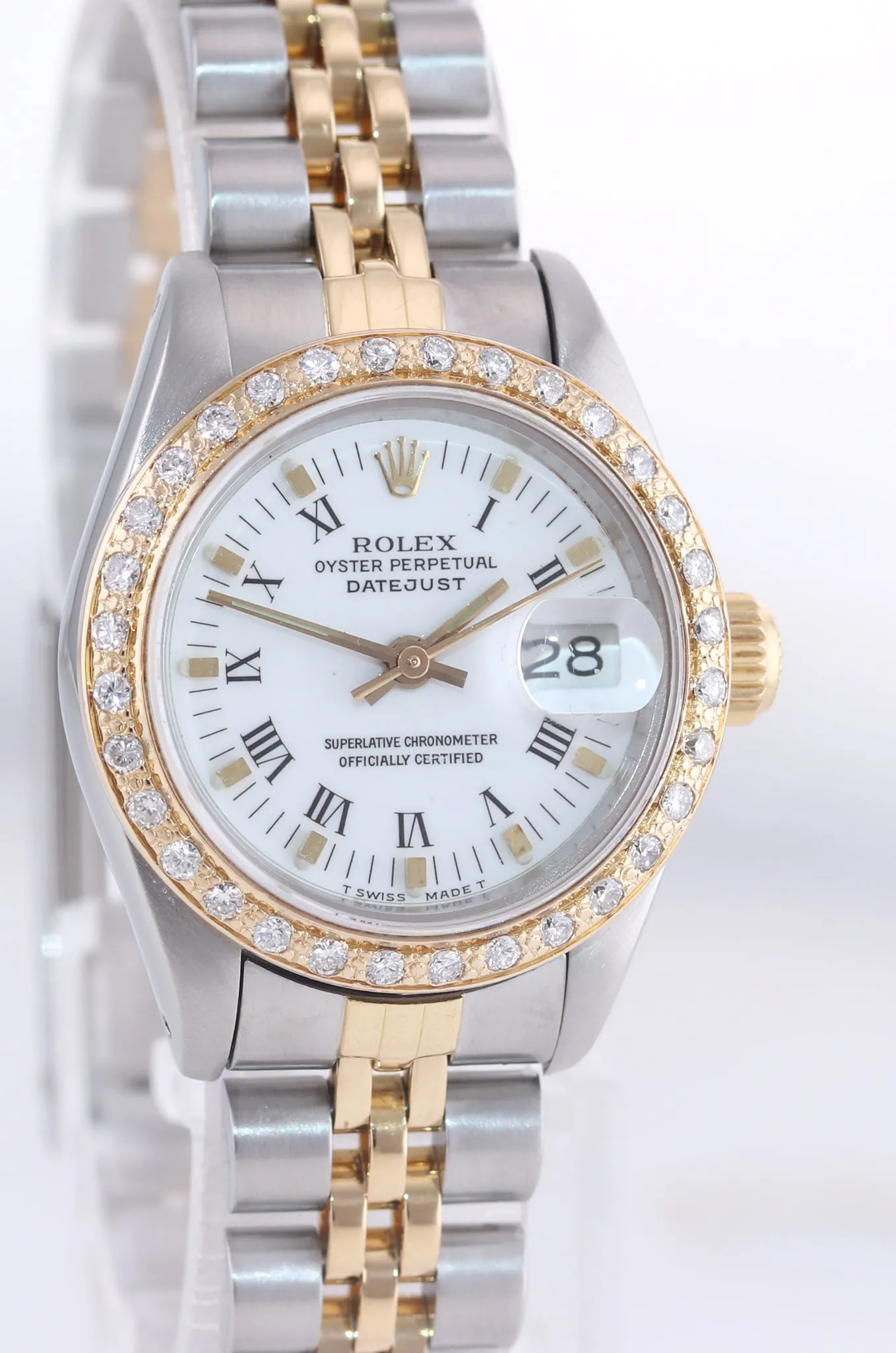 Diamond Ladies Rolex DateJust President MOP 6917 White Roman Yellow Gold Watch