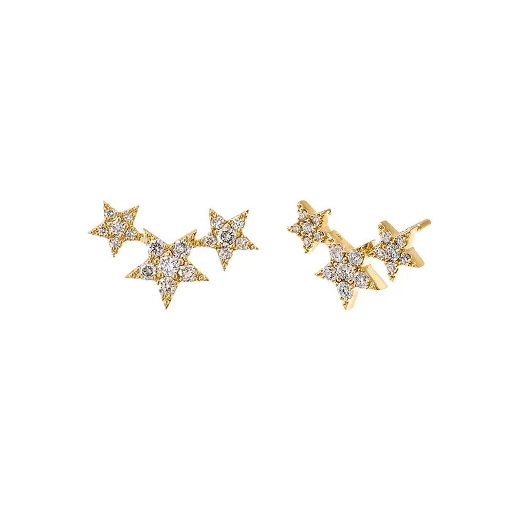 Diamond Pave Triple Star Stud Earring 14K