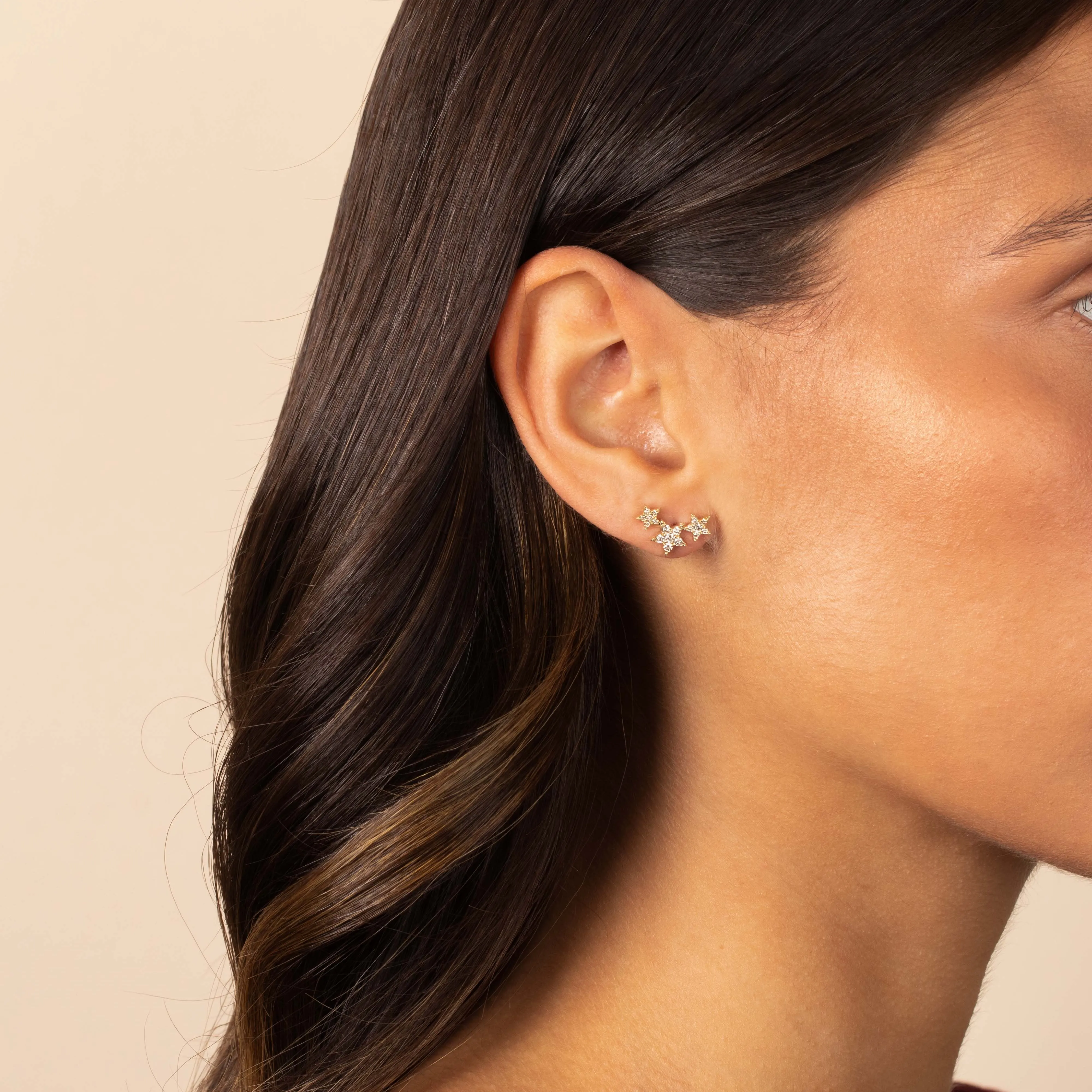 Diamond Pave Triple Star Stud Earring 14K