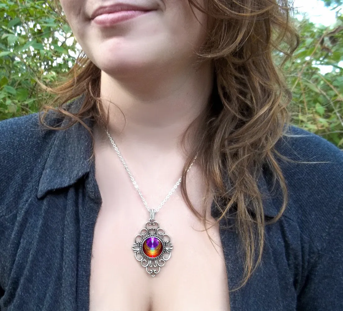 Diamond Shaped Chakra Necklace, Rainbow Angel Wings Artwork, Energy Jewelry -  "Chakra Heart"