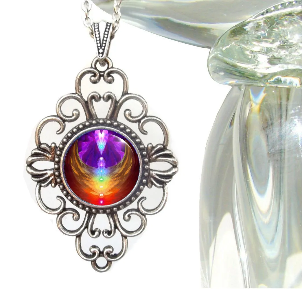 Diamond Shaped Chakra Necklace, Rainbow Angel Wings Artwork, Energy Jewelry -  "Chakra Heart"
