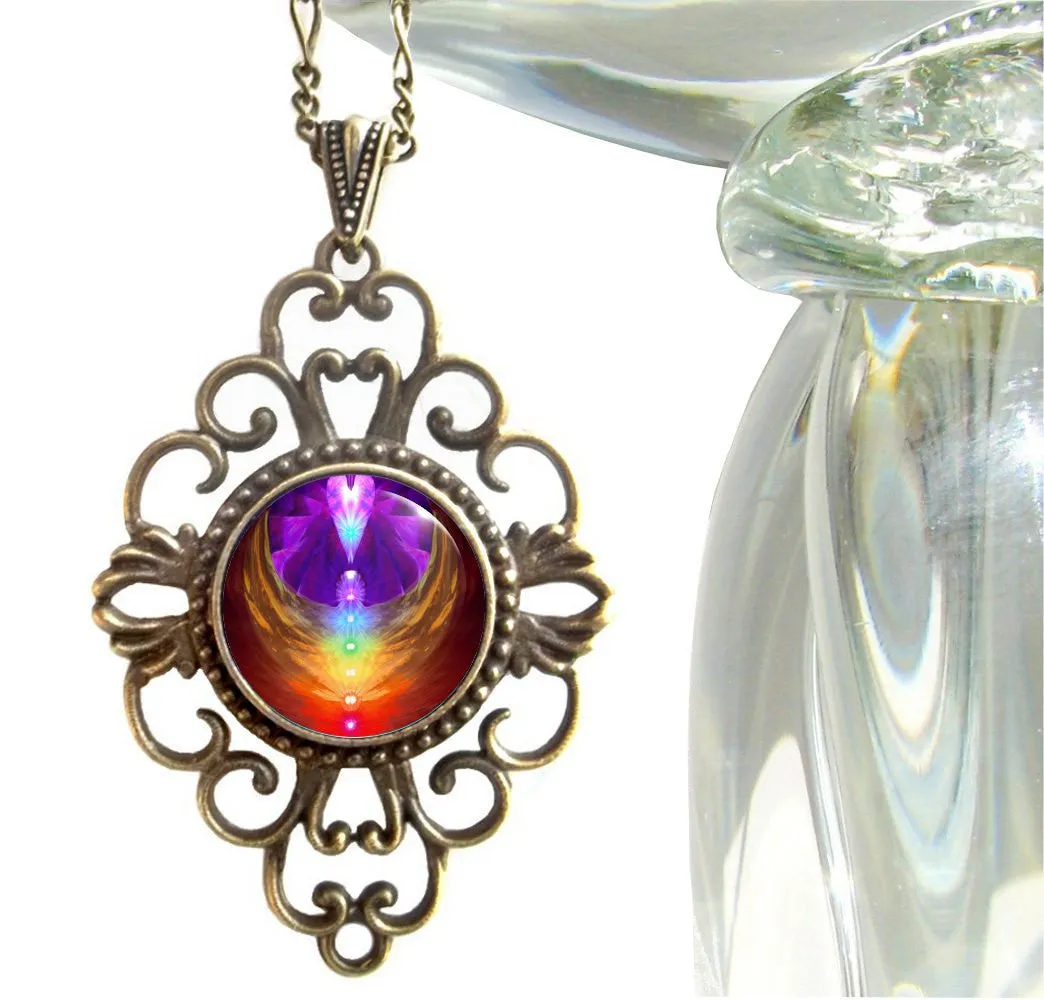 Diamond Shaped Chakra Necklace, Rainbow Angel Wings Artwork, Energy Jewelry -  "Chakra Heart"