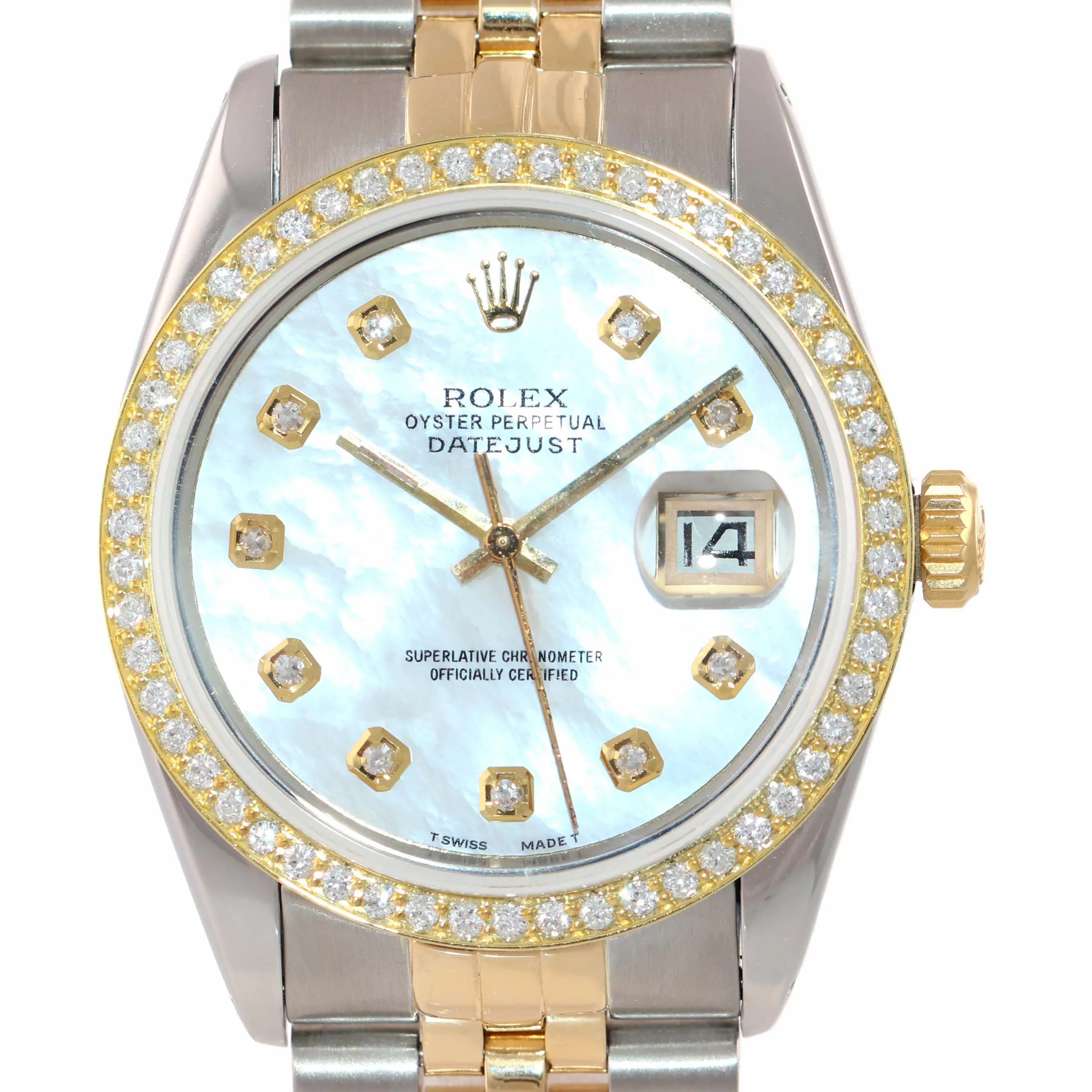 DIAMONDS Rolex DateJust 16013 MOP Diamond Bezel Two Tone Gold Jubilee Watch