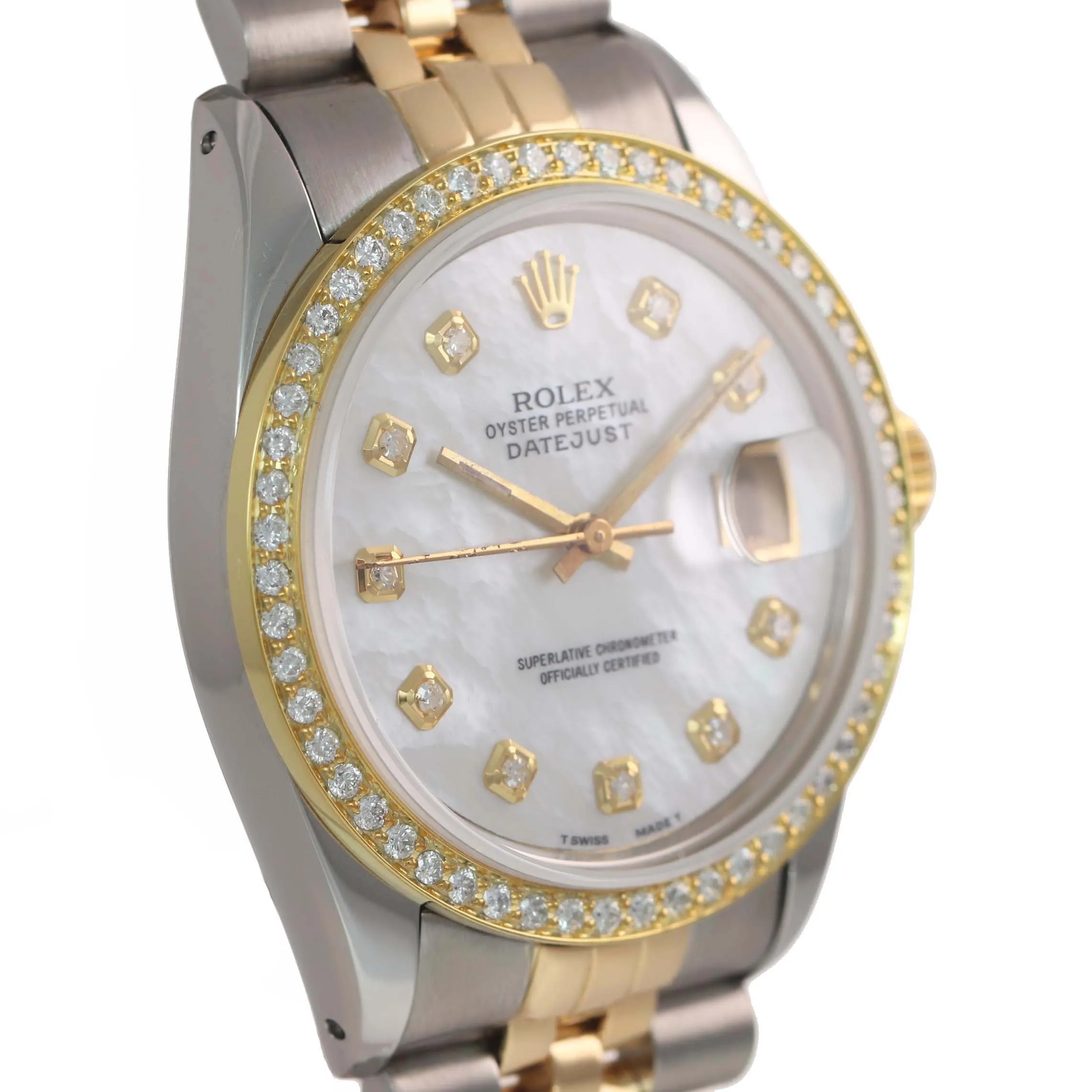DIAMONDS Rolex DateJust 16013 MOP Diamond Bezel Two Tone Gold Jubilee Watch