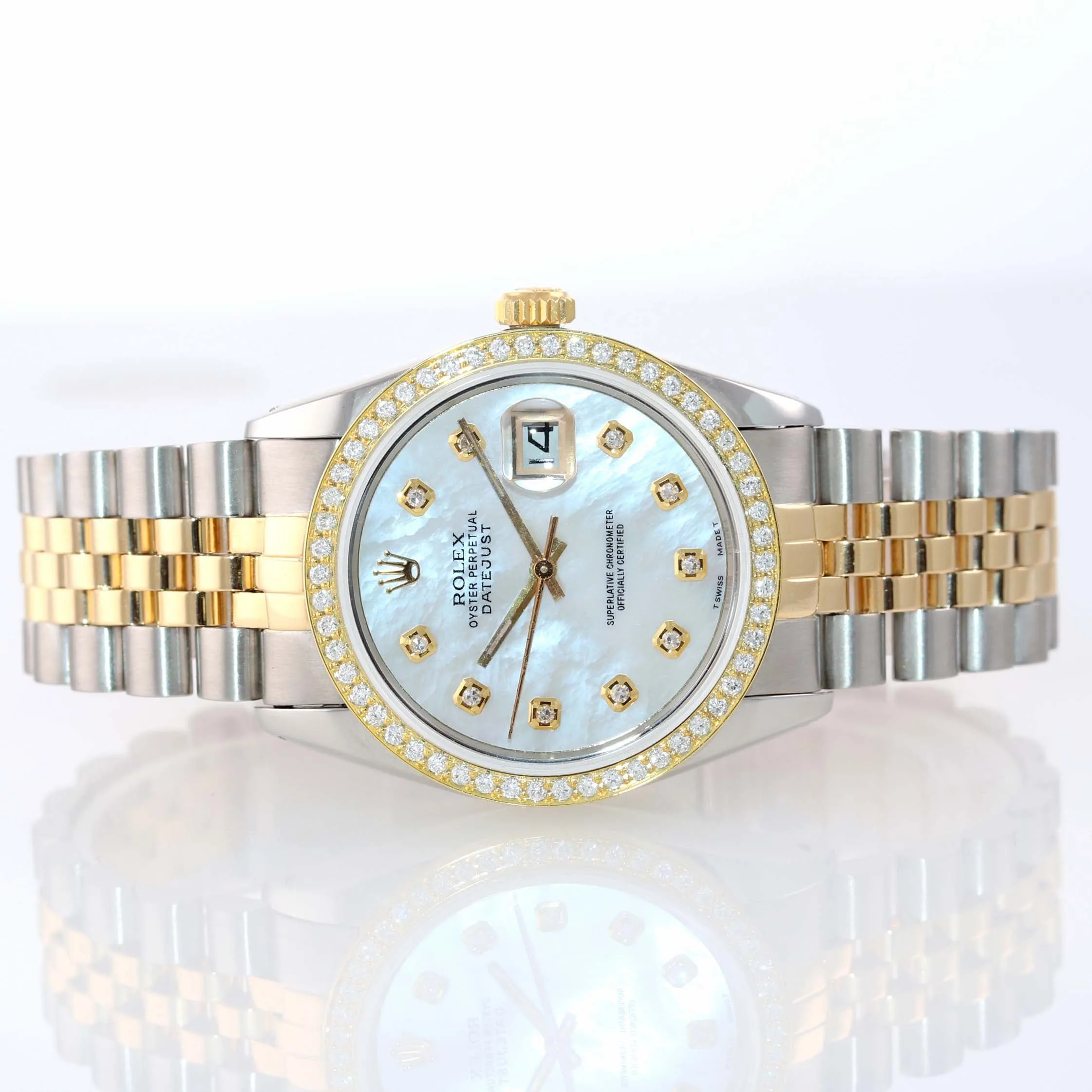 DIAMONDS Rolex DateJust 16013 MOP Diamond Bezel Two Tone Gold Jubilee Watch