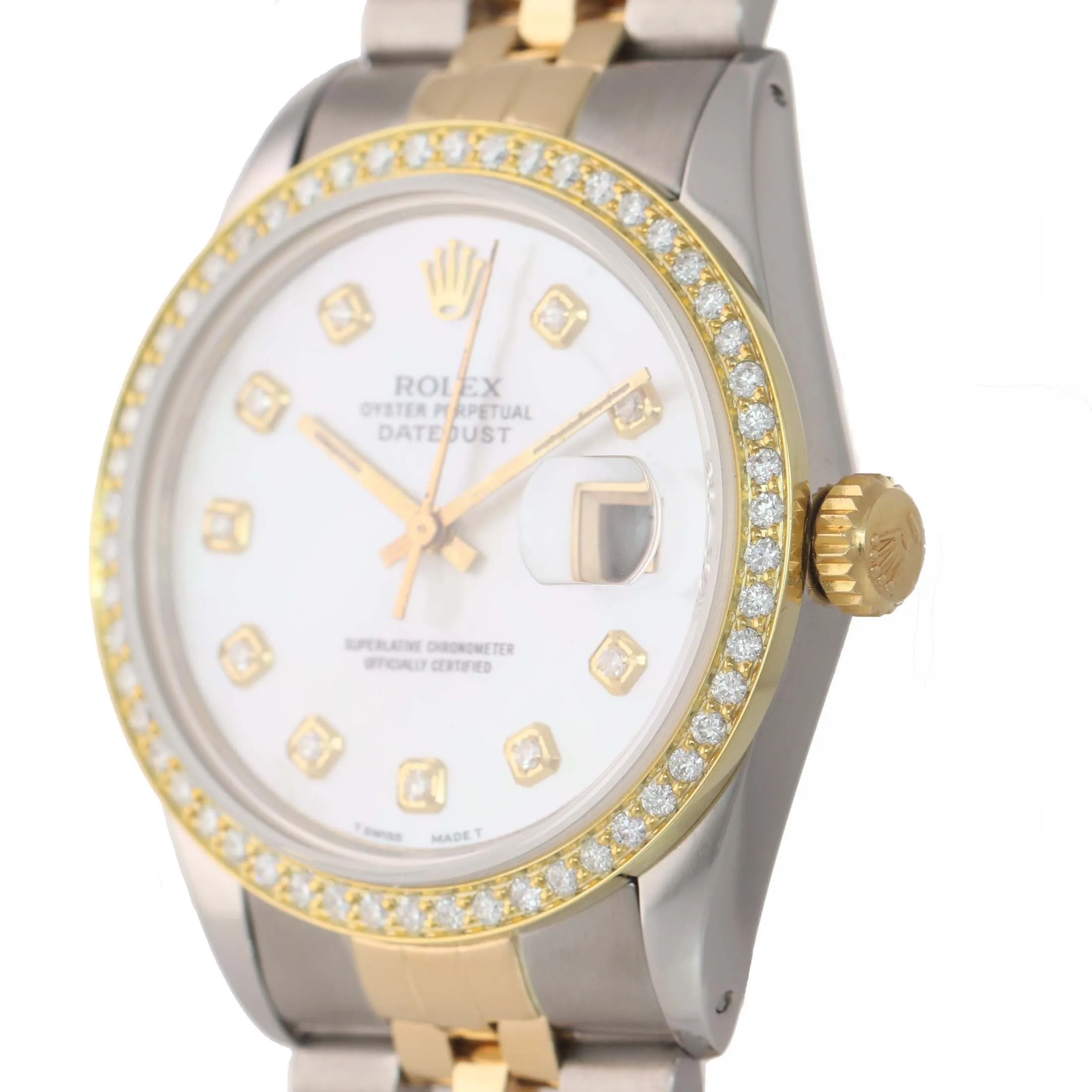 DIAMONDS Rolex DateJust 16013 MOP Diamond Bezel Two Tone Gold Jubilee Watch