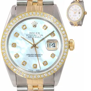 DIAMONDS Rolex DateJust 16013 MOP Diamond Bezel Two Tone Gold Jubilee Watch