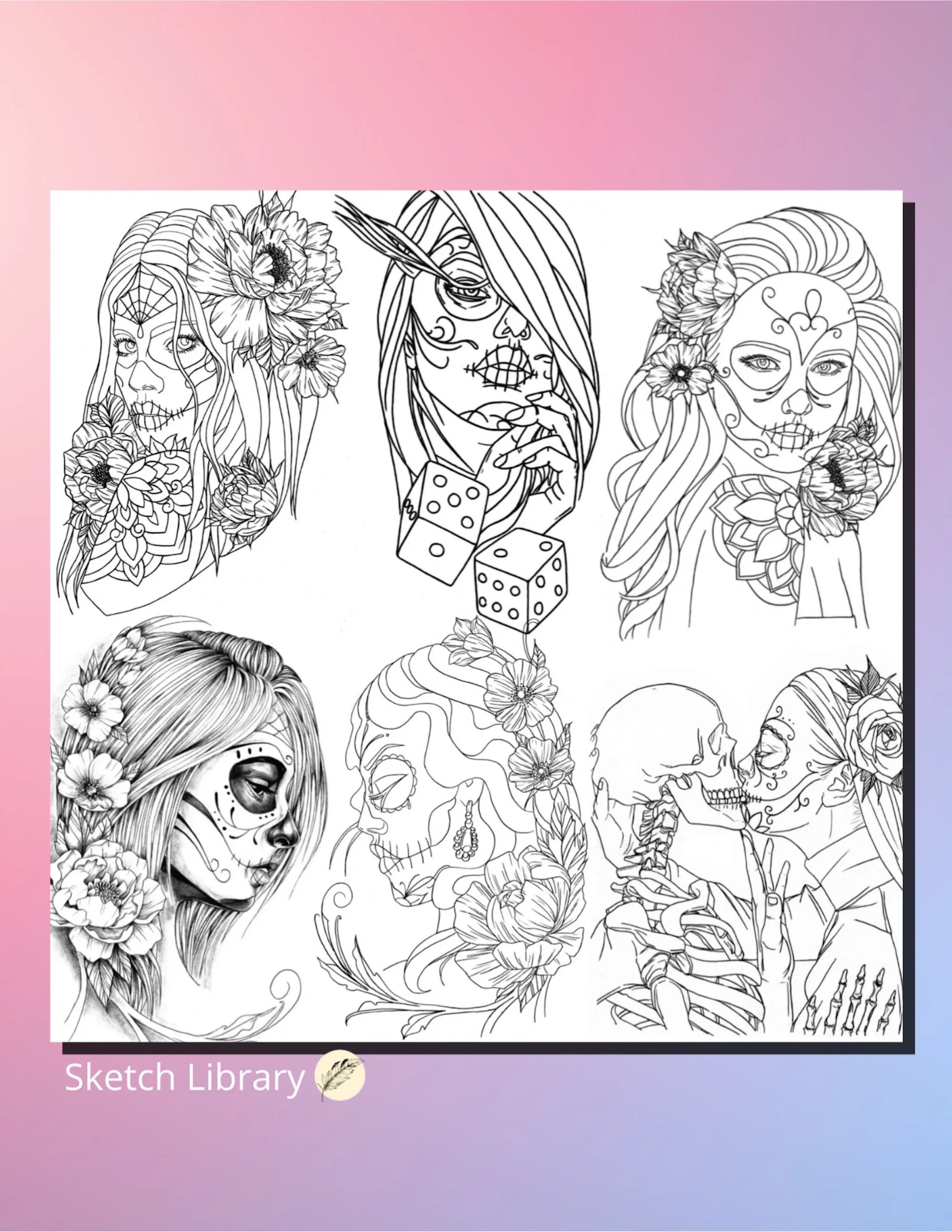 Digital and printable coloring book, 30 La Catrina tattoo, flash tattoo design, Dia de Muertos