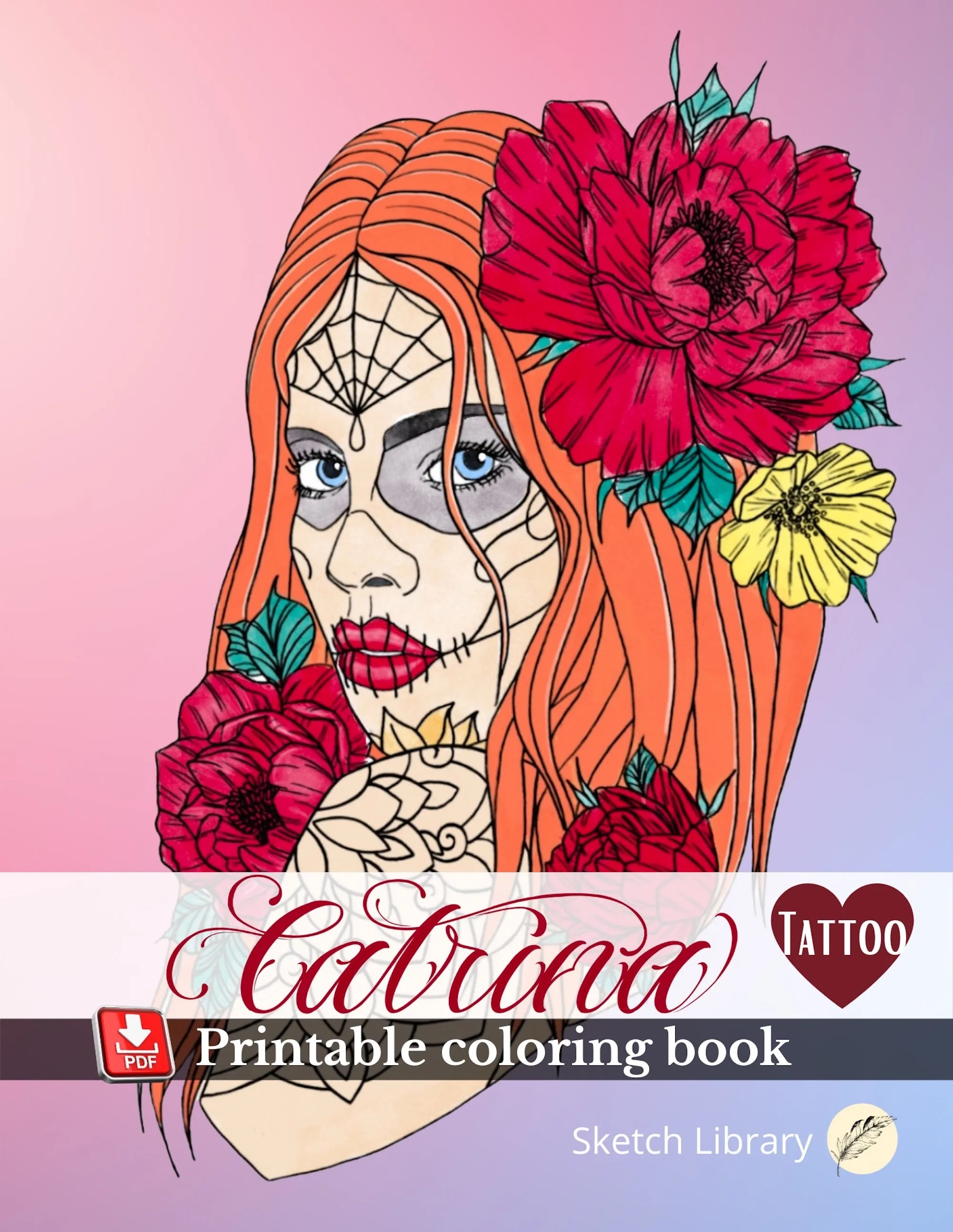 Digital and printable coloring book, 30 La Catrina tattoo, flash tattoo design, Dia de Muertos