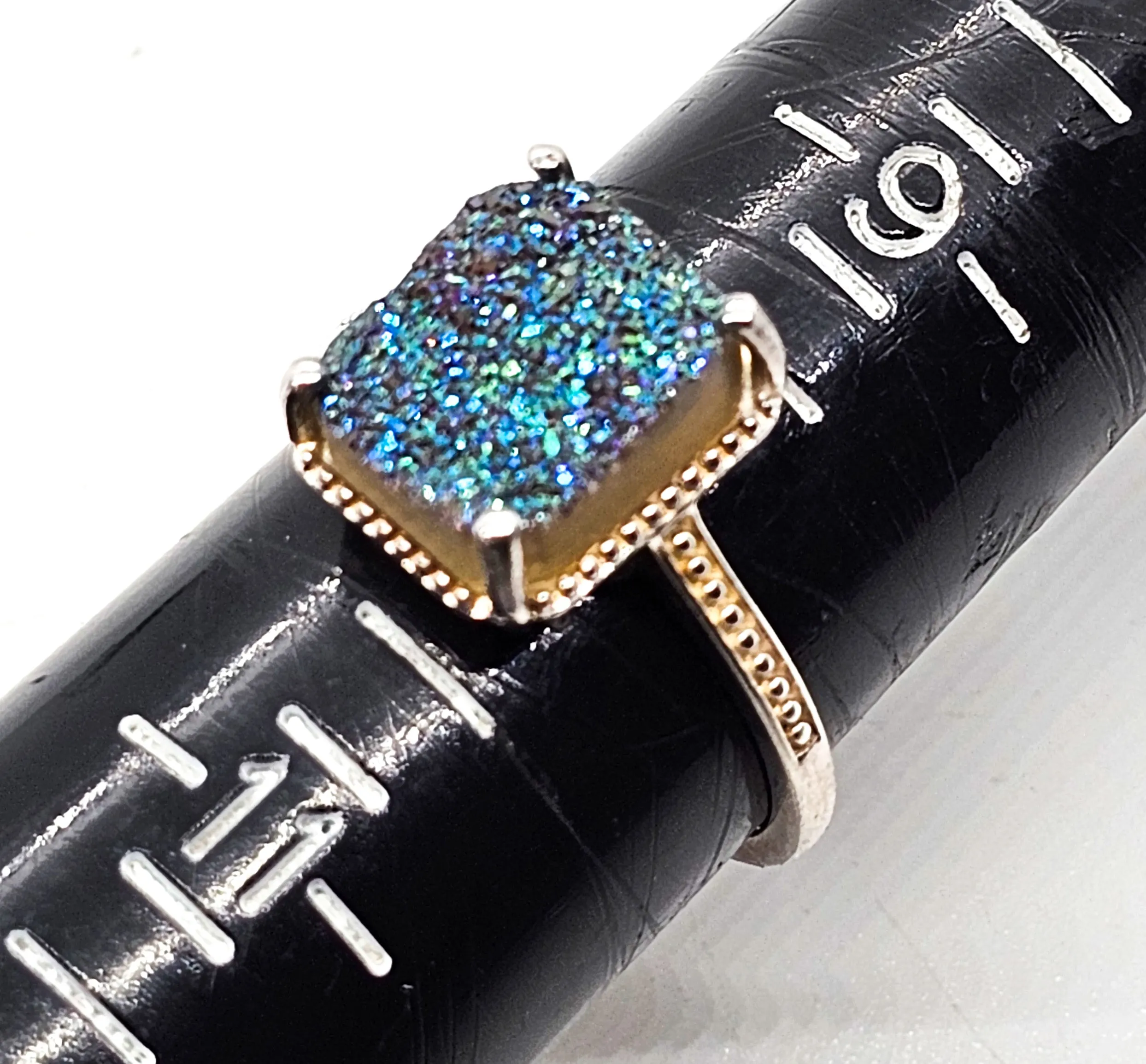 D'Joy Peacock Druzy Titanium Aura Quartz sterling silver ring size 10