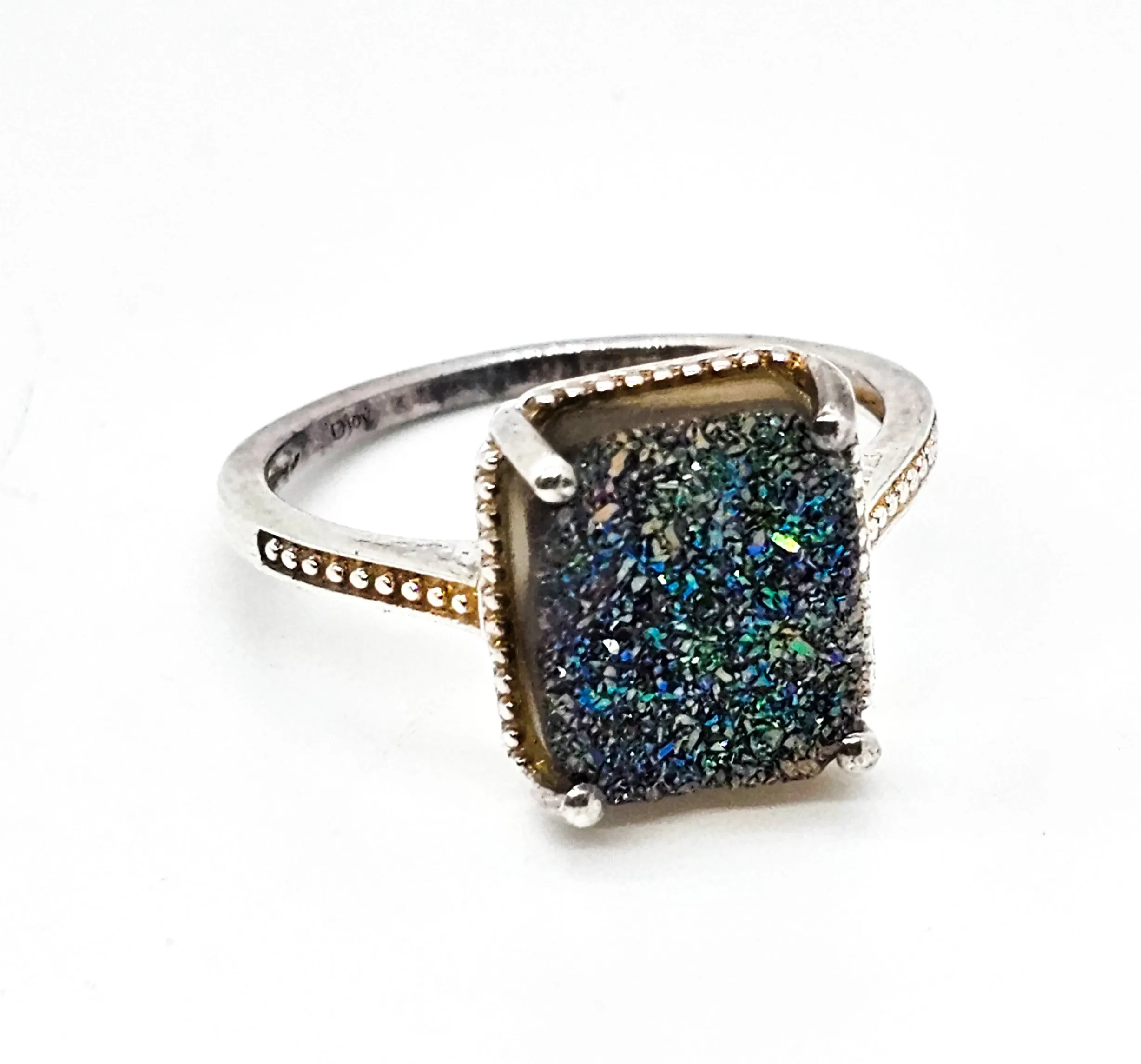 D'Joy Peacock Druzy Titanium Aura Quartz sterling silver ring size 10