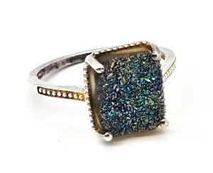 D'Joy Peacock Druzy Titanium Aura Quartz sterling silver ring size 10