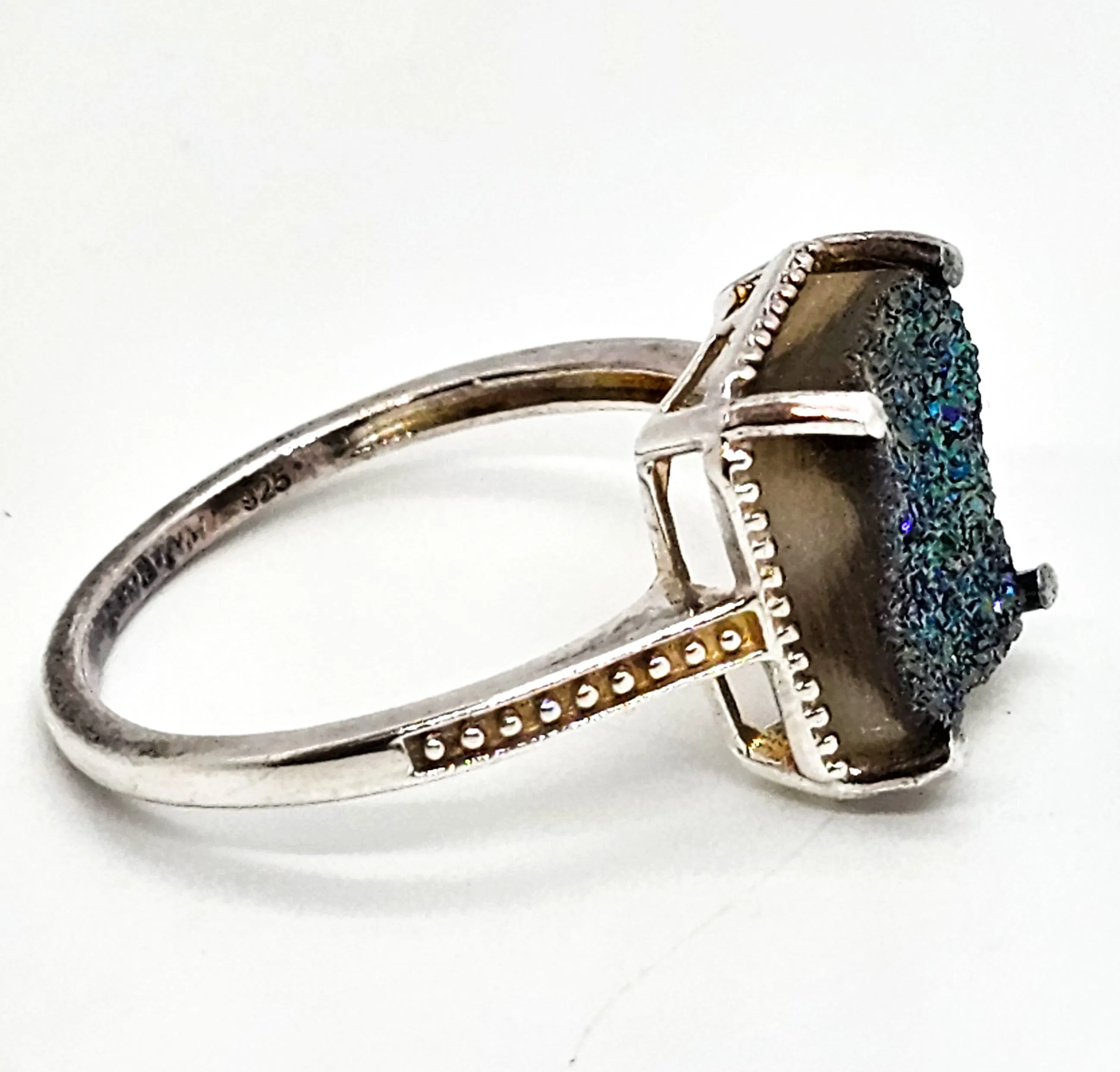 D'Joy Peacock Druzy Titanium Aura Quartz sterling silver ring size 10