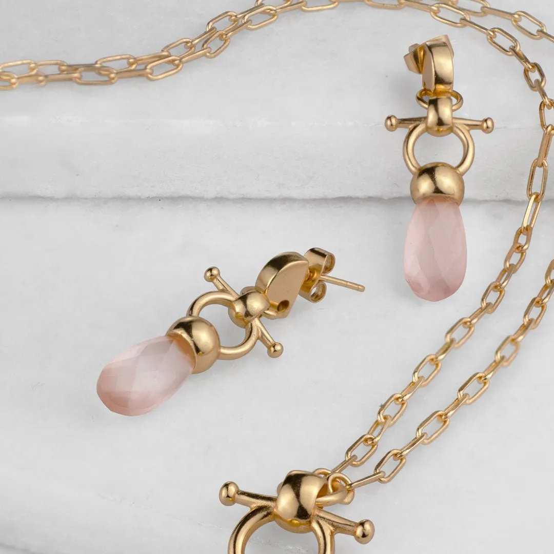 Droplette - Snaffle Horse Bit Rose Quartz and 14K Gold on Sterling Silver Earring
