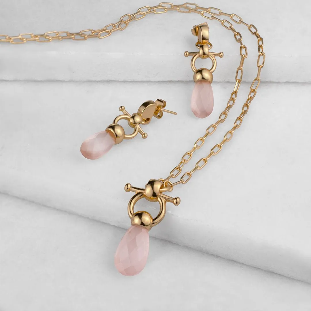 Droplette - Snaffle Horse Bit Rose Quartz and 14K Gold on Sterling Silver Earring