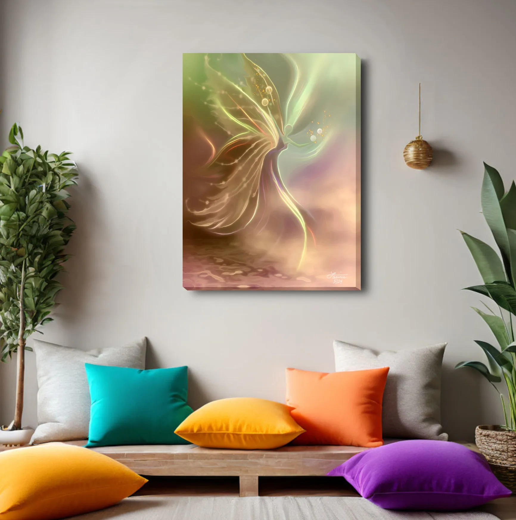 Earth Tones Flowing Energy Art Canvas Print with Glistening Fairy Wings and Orbs of Manifestion
