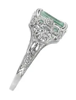 Edwardian Filigree Emerald Cut Prasiolite ( Green Amethyst ) Ring in Sterling Silver