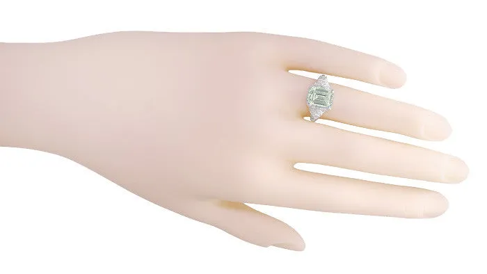 Edwardian Filigree Emerald Cut Prasiolite ( Green Amethyst ) Ring in Sterling Silver