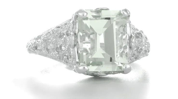 Edwardian Filigree Emerald Cut Prasiolite ( Green Amethyst ) Ring in Sterling Silver
