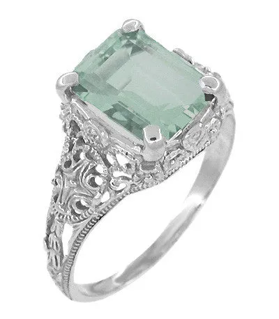 Edwardian Filigree Emerald Cut Prasiolite ( Green Amethyst ) Ring in Sterling Silver