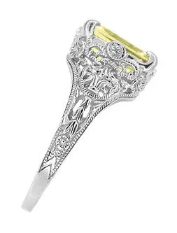 Edwardian Filigree Yellow Lemon Quartz Ring in Sterling Silver