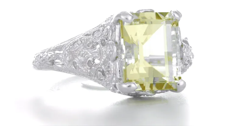 Edwardian Filigree Yellow Lemon Quartz Ring in Sterling Silver