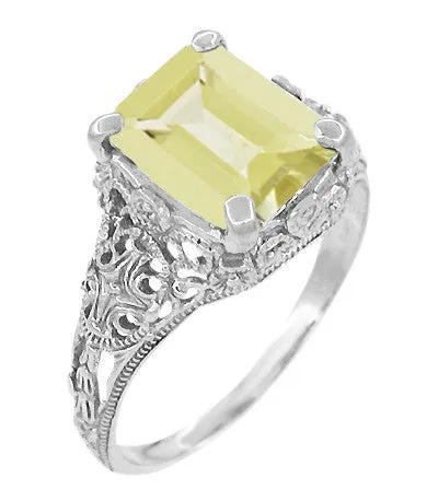 Edwardian Filigree Yellow Lemon Quartz Ring in Sterling Silver