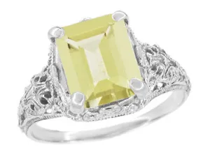 Edwardian Filigree Yellow Lemon Quartz Ring in Sterling Silver