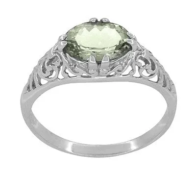 Edwardian Vintage Style Filigree Oval Green Amethyst Promise Ring in Sterling Silver | Prasiolite