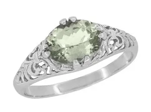 Edwardian Vintage Style Filigree Oval Green Amethyst Promise Ring in Sterling Silver | Prasiolite