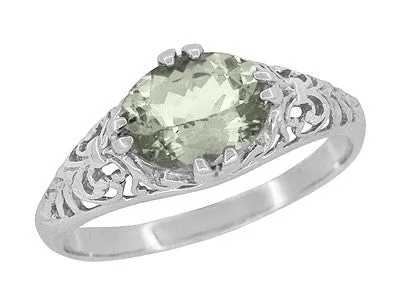Edwardian Vintage Style Filigree Oval Green Amethyst Promise Ring in Sterling Silver | Prasiolite