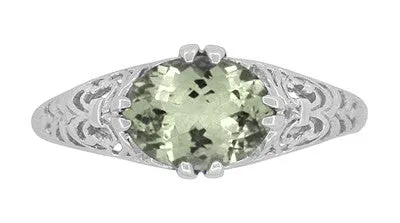 Edwardian Vintage Style Filigree Oval Green Amethyst Promise Ring in Sterling Silver | Prasiolite