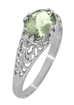 Edwardian Vintage Style Filigree Oval Green Amethyst Promise Ring in Sterling Silver | Prasiolite