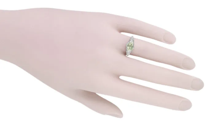 Edwardian Vintage Style Filigree Oval Green Amethyst Promise Ring in Sterling Silver | Prasiolite