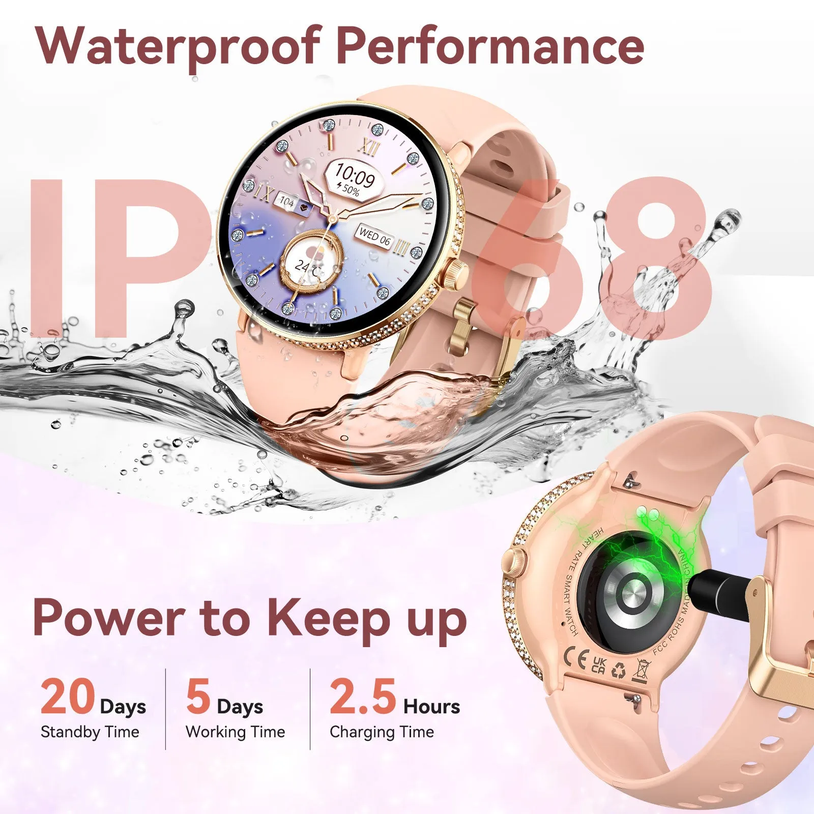 EIGIIS Smart Watch for Women with Diamonds 1.2" AMOLED Touchscreen Fitness Tracker Make/Answer Calls Heart Rate SpO2 Monitor IP68 Waterproof, Sleep & Activity Tracking Smartwatch for iPhone Android Phones