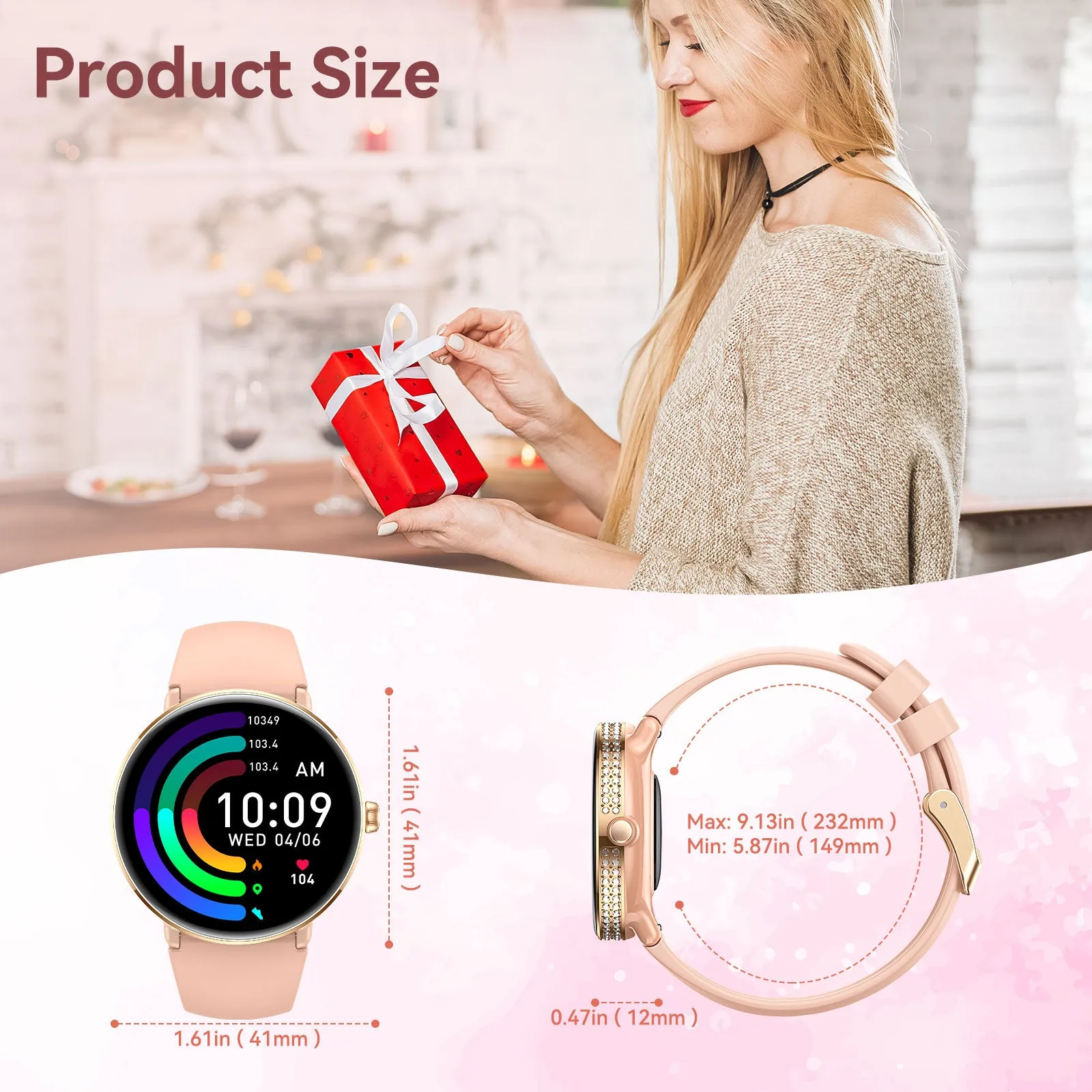 EIGIIS Smart Watch for Women with Diamonds 1.2" AMOLED Touchscreen Fitness Tracker Make/Answer Calls Heart Rate SpO2 Monitor IP68 Waterproof, Sleep & Activity Tracking Smartwatch for iPhone Android Phones