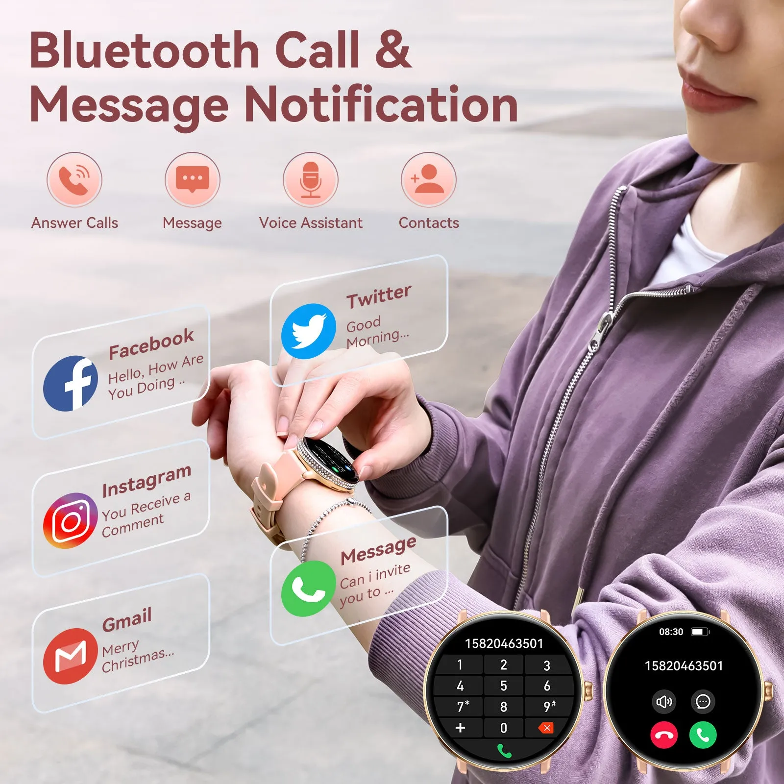 EIGIIS Smart Watch for Women with Diamonds 1.2" AMOLED Touchscreen Fitness Tracker Make/Answer Calls Heart Rate SpO2 Monitor IP68 Waterproof, Sleep & Activity Tracking Smartwatch for iPhone Android Phones