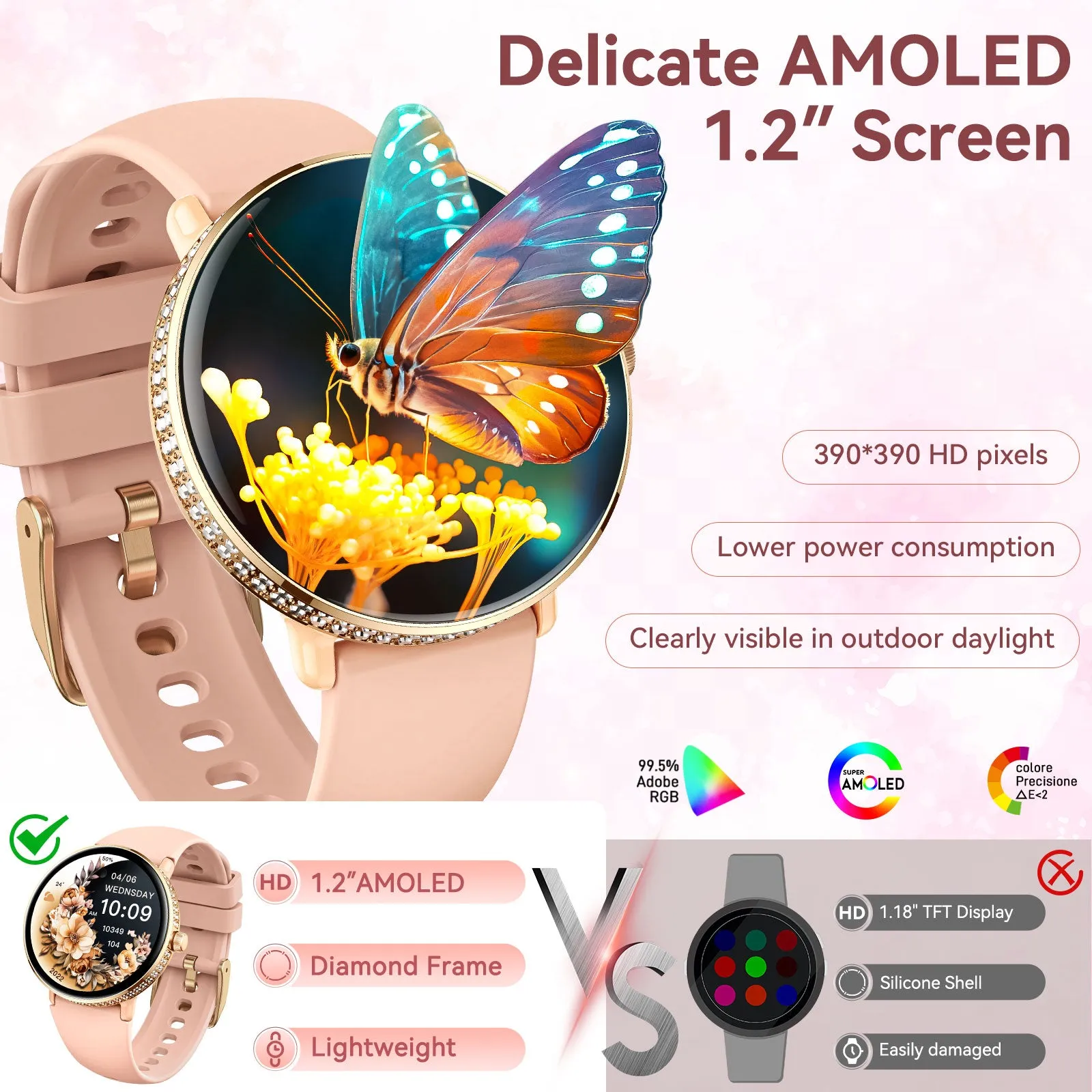 EIGIIS Smart Watch for Women with Diamonds 1.2" AMOLED Touchscreen Fitness Tracker Make/Answer Calls Heart Rate SpO2 Monitor IP68 Waterproof, Sleep & Activity Tracking Smartwatch for iPhone Android Phones