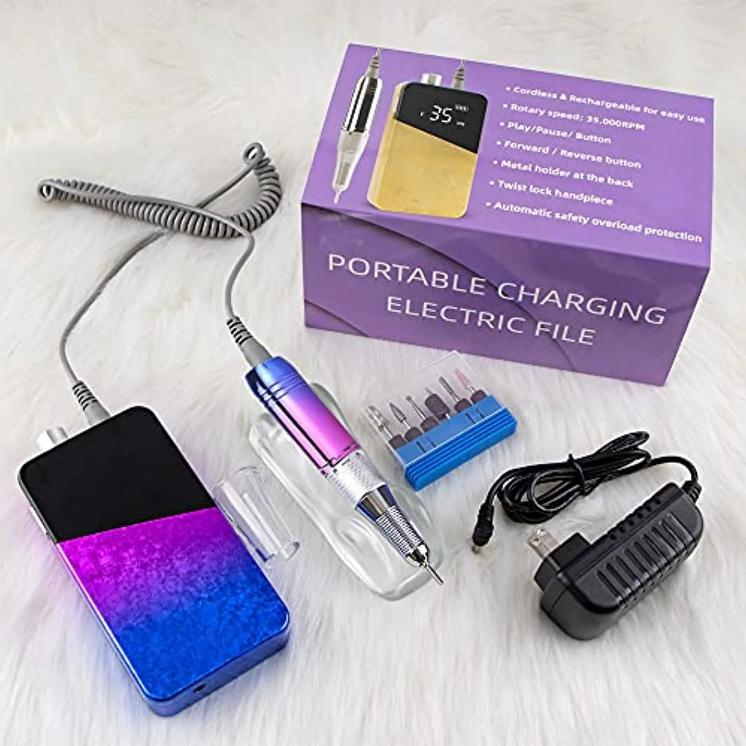 Electric Nail Drill Machine,Lumcrissy Professional Colorful Rechargeable 35000 rpm Nail Drill Portable E-File with Battery,Portable Electric Acrylic Nail Tools,Polishing,Nail Removing (Rainbow)