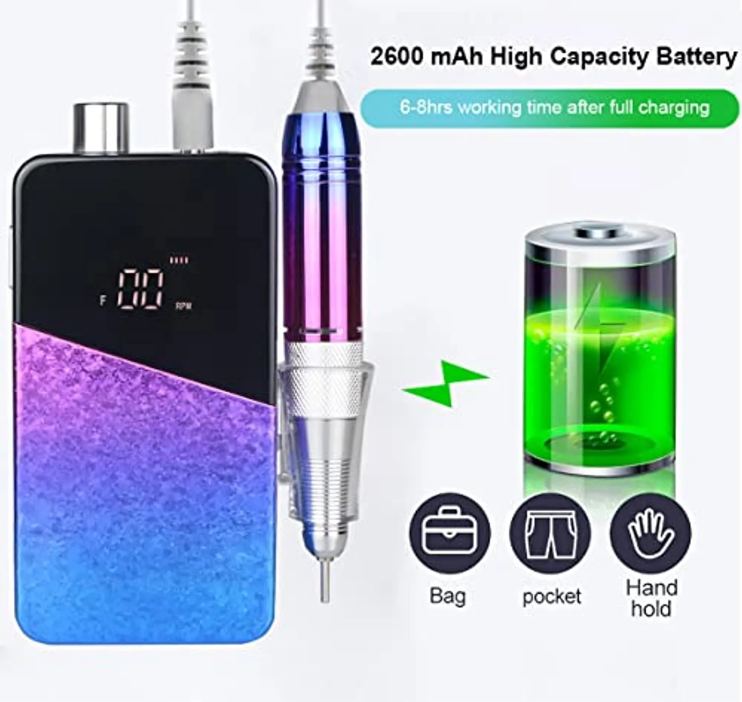 Electric Nail Drill Machine,Lumcrissy Professional Colorful Rechargeable 35000 rpm Nail Drill Portable E-File with Battery,Portable Electric Acrylic Nail Tools,Polishing,Nail Removing (Rainbow)