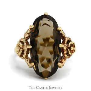 Elongated Oval Smokey Quartz Solitaire with Rose Designed Sides in 10k Yellow Gold