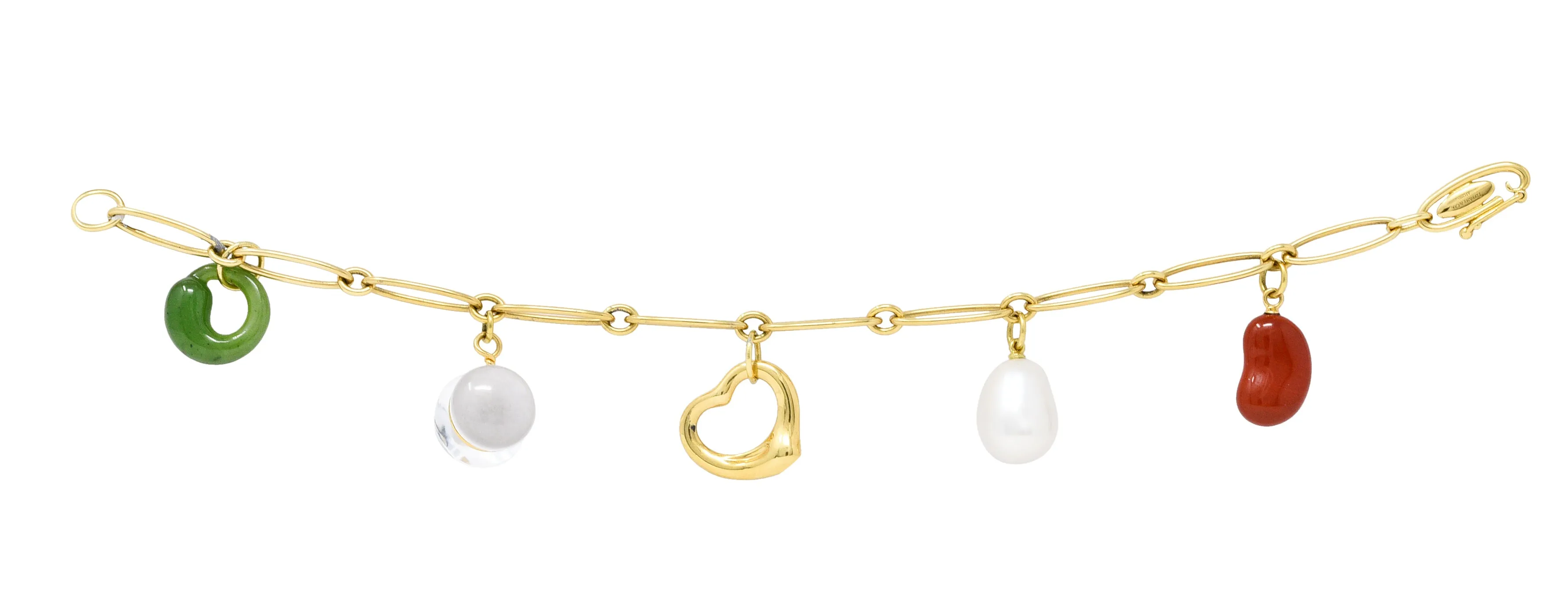 Elsa Peretti Tiffany & Co. Jade Agate Rock Crystal 18 Karat Gold Five Charm Icon Bracelet