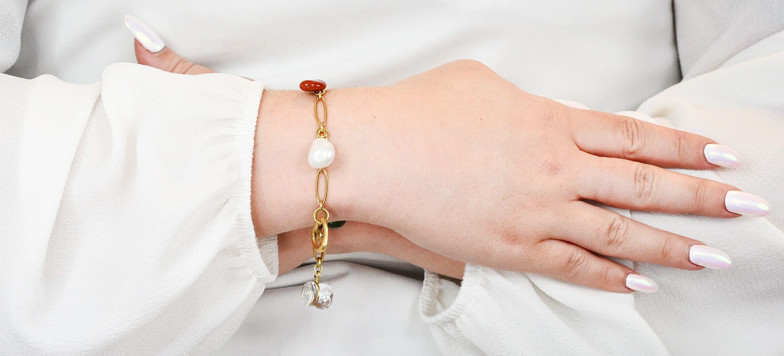 Elsa Peretti Tiffany & Co. Jade Agate Rock Crystal 18 Karat Gold Five Charm Icon Bracelet